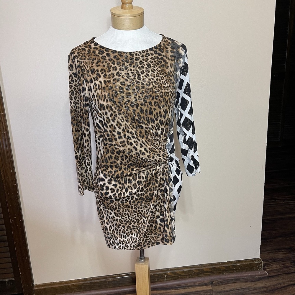 NEW Lana Lee Womens Leopard Geometric Mixed Print Metallic Shirt Size M